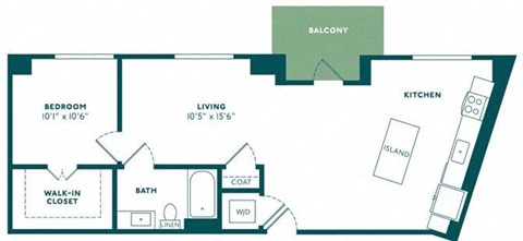 Floor plan for 1 bed, 1 bath, 847 sqft